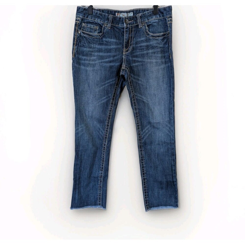 BKE Lexi Crop Jeans Womens 29 Blue Raw Hem Stretch Bling Buckle Denim